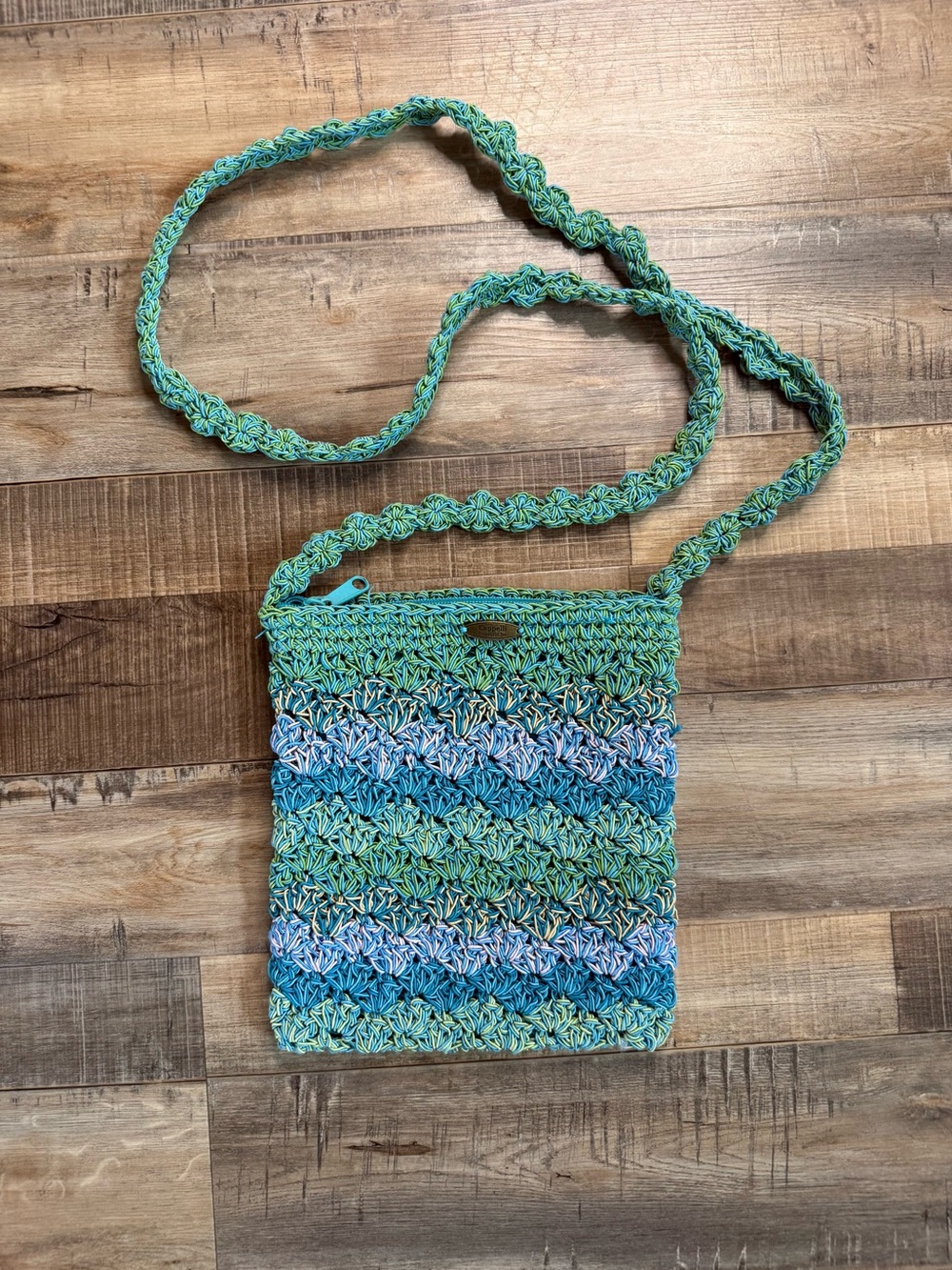 Capelli of New York Teal and Aqua Crochet Crossbody Bag